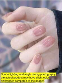 1张14片半固化凝胶美甲贴纸，超长指甲油贴纸，亮面凝胶封层，粉色 - 藕粉色 - 查看 7