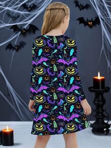 Girls Casual Comfortable Round Neck Pumpkin, Bat, Ghost 3D Print Long Sleeve Cute Dress, Suitable For Everyday, Vacation, Elegant Party, Graduation, Back To School, Halloween
