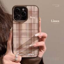 GUCADI Autumn/Winter Popular Maillard Brown Plaid 16 Phone Case, Leather Protective Cover Compatible With Apple 14 Pro, 11, 13, 12, Max, Great Gift For Girlfriend - Chocolate Brown - View 2