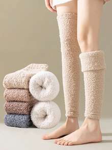 4 Pairs Of Solid Color Women's Leg Warmers, Cold Resistant Long Socks, Over The Knee Warm Knitted Leg Protectors, Thick Winter Boots, Long Socks, Super Elastic Leg Joint Protection - 彩色 - 查看 1