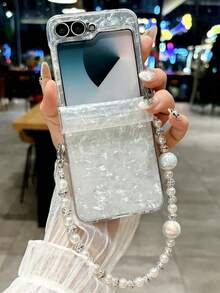 Luxury Laser Aurora Shell Pattern Bracelet Chain Phone Case Compatible With Samsung Galaxy Z Flip 7 6 5 4 3 5G Cute Colorful Camera Protection Shockproof Cover - White - View 3
