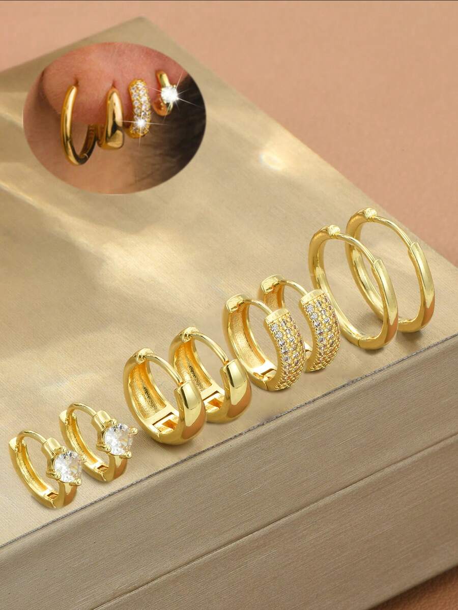6/8 件金环耳环套装，铜质，镶嵌锆石，防过敏，小环，轻巧厚实的设计，时尚百搭，适合多个耳洞，非常适合约会、派对、婚礼、圣诞礼物