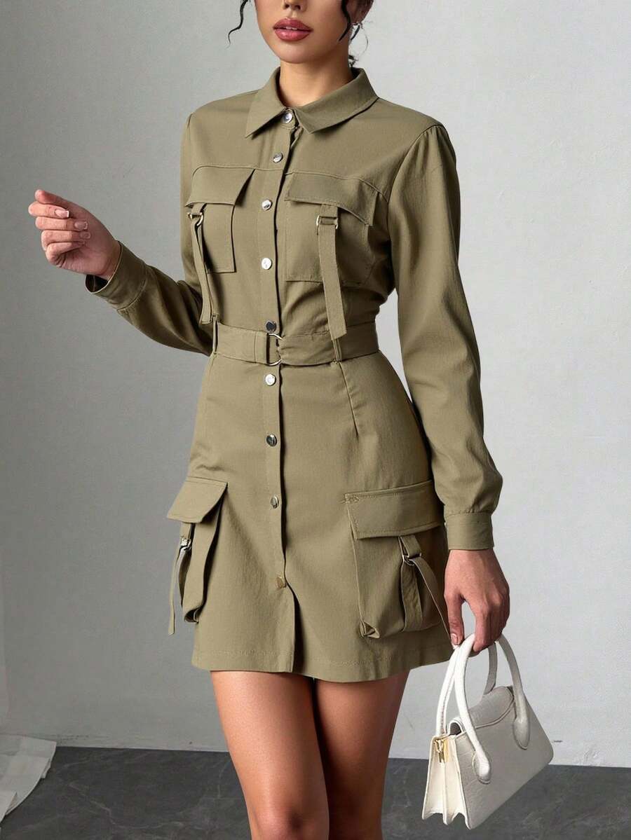 Novedades otoño/invierno Ropa de trabajo para mujer Vestido informal Elegante Cálido A la moda Y2K Salidas Vacaciones Cumpleaños Fiestas Mujer vestido estilo casual con botones, detalles de bolsillo, ajuste regular, cuello tipo camisa, manga larga, primavera-verano, uso diario, categoría de moda.