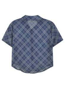 小众美式英伦校园风条纹半透视修身短袖雪纺衬衫 - 深藍色 - 查看 6