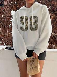 Popular Hoodies For GirlsWomen's Casual Simple Milano Pattern White Hoodie Sweatshirt, Loose Fit, Thick Thermal Lined, Suitable For Autumn And Winter,Long Sleeve Tops Back To School Fall And Winter Clothing Autumn And Winterroomy And Comfortable - 白4 - 查看 8