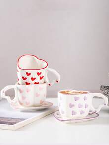 1 件流行手绘心形马克杯，创意心形手柄陶瓷杯，可爱拿铁咖啡杯适合家庭、牛奶、早餐、聚会、下午茶、浪漫情侣、独特女孩杯 - 彩色 - 查看 3