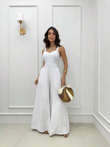 Long Sensory Jumpsuit Wide Leg Straight Neckline Medium Straps - trắng - Xem 1