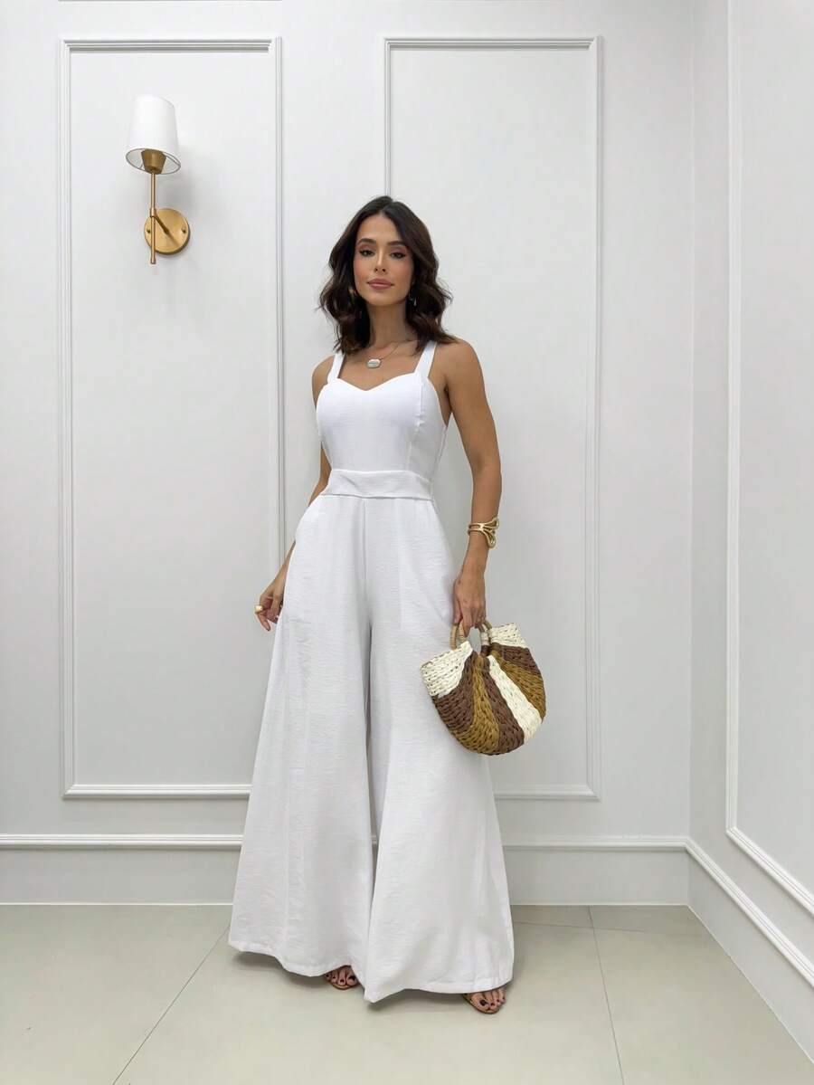 Long Sensory Jumpsuit Wide Leg Straight Neckline Medium Straps - trắng - Xem 1