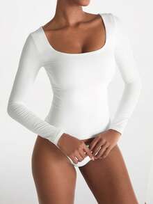 XLLAIS Plain Long Sleeve Casual White Top, Women's Scoop Neck T-Shirt, Suitable For Back To School Season, Autumn/Winter, Valentine's Day - White - View 2