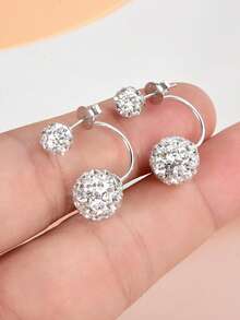 925 纯银优雅双球方晶锆石耳钉，经典日常佩戴夹式耳环，女士球形耳环首饰，适合返校季/秋冬/圣诞节/生日/周年纪念 - 銀色 - 查看 5