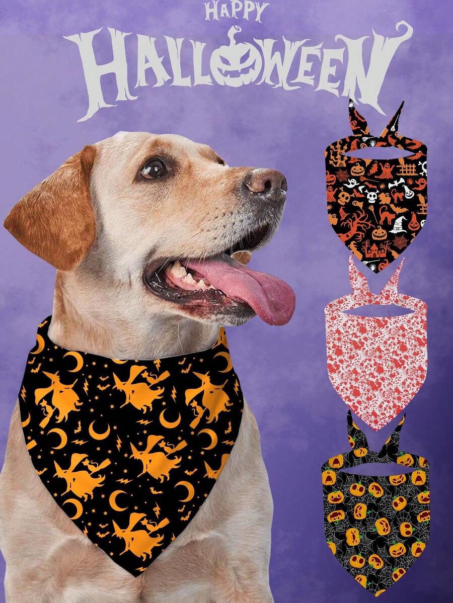 Terrifying Halloween Pet Bandana With Pumpkins Ghost Pattern Pet Kerchiefs,Adjustable Jack-O'-Lantern Theme Pattern Printing Dog Triangle Bibs Scarfs,Suitable For Small To Medium Dogs And Cats - Soft Polyester, Machine Washable