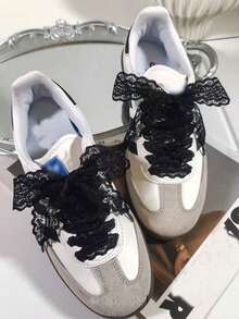 1/2pairs(100cm) Lace Shoelaces, Elegant Lace Shoelaces, Lace Bow Shoelaces, Elegant Satin-Lace Trim Ballet Style Shoe Laces, Geometric Hollow-Out Pattern, Sneakers, Casual Shoes Accessories, For Summer Daily Wear Casual Shoes, White Shoes