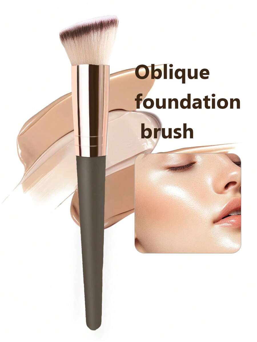 1支专业粉底刷，柔软毛质便携式棕色斜角面部化妆刷，轮廓腮红粉刷，多功能化妆刷，新款粉底刷，粉底刷，遮瑕刷，腮红刷，轮廓刷，腮红刷，修容刷，散粉刷，粉底刷，腮红刷 - 棕色 - 查看 1
