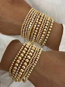5-19pcs Set Beaded Stackable Bracelets, Fashion Minimalist Elegant Vintage Geometric Circle Square Star Multi-Size Round Bead Stretchy Bracelets, Great Gift For Festival, Holiday, Party, Dating, Everyday Wear - Gold - View 9