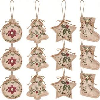 12pcs Rustic Burlap Christmas Tree Ornaments - Farmhouse Style Holiday Party Hanging Decor, Including Stockings And Ball Shapes Home Decor Christmas Decorations Room Decor