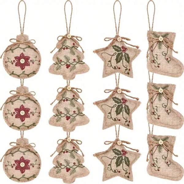 12pcs Rustic Burlap Christmas Tree Ornaments - Farmhouse Style Holiday Party Hanging Decor, Including Stockings And Ball Shapes Home Decor Christmas Decorations Room Decor