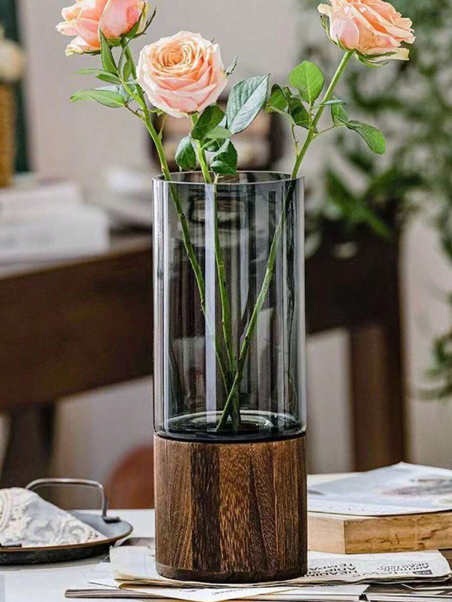 1 قطعة قاعدة خشبية دائرية بسيطة فاخرة بمقاس 11.8 * 3.9 بوصة، إناء زهور أكريليك زخرفي، لون أصلي محفوظ بالماء، وردة طازجة، ديكور غرفة المعيشة وطاولة الطعام، إناء زهور منزلي