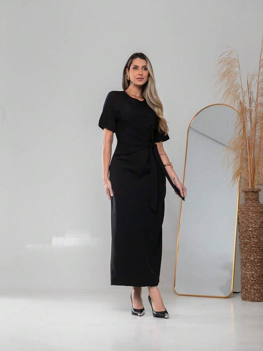 Long Dress With Short Sleeves With Belt Formal And Evening V775 - Negro - Ver 1