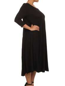 Plus Size Casual 3/4 Sleeves Basic A-Line Pleated Solid Midi Dress  Wedding - Black - View 3