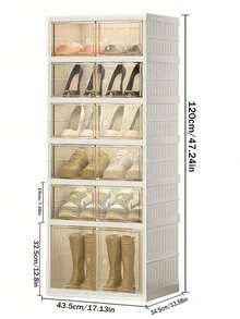 6layers Foldable Shoe Rack Organization Rack, Wardrobe Plastic Shoe Rack, Foldable Shoe Storage Box, Transparent Shoe Box With Door, Easy To Assemble Shoe Cabinet. - White - View 4