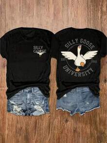 Women's Two-Sided Silly Goose University Graphic T-Shirt - 100% Cotton Relaxed Fit Casual Short Sleeve Top With Goose Design, Black Spring Summer Tee, Summer Clothing, Playful Print - 黑色 - 查看 1