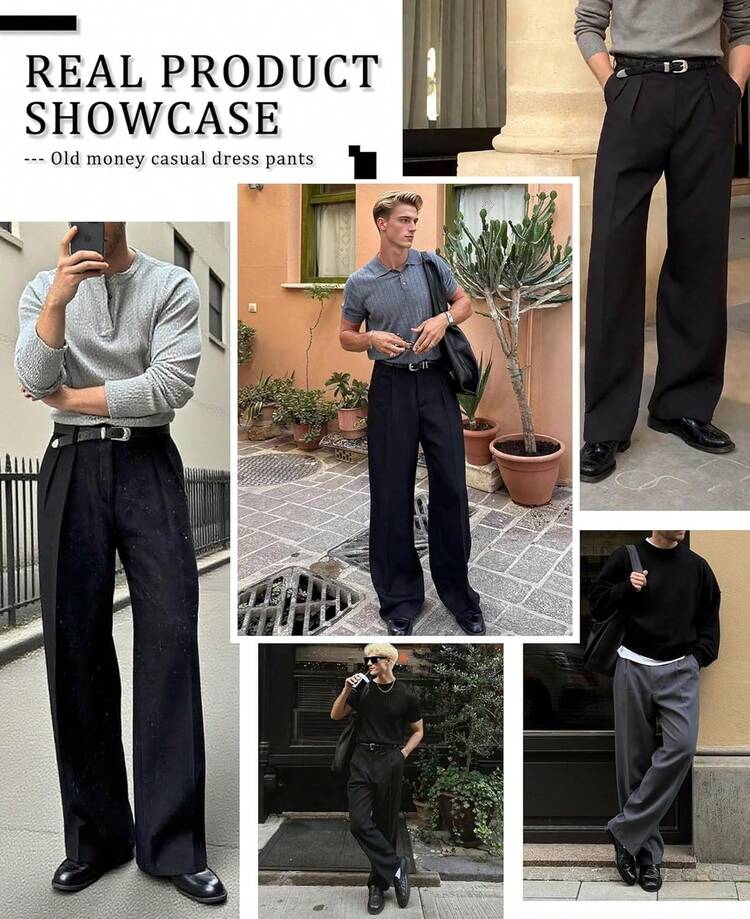 Mens Casual Pleated Baggy Wide Leg Vintage Relaxed Fit Work Office Trousers, Old Money Style S5ET - 黑色 - 查看 7