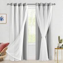 Hiasan 2 Panels Greyish White Blackout Curtains With White Sheer Overlay, Double Layer Mix & Match Thermal Insulated Room Darkening Curtains With Tiebacks For Bedroom And Living Room Decoration - 白色 - 查看 3