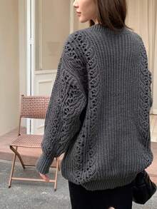 Fashionable Hollow Out Casual V-Neck Pullover Knit Sweater For Women, Mid-Length