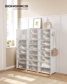 SONGMICS Mueble Zapatero Plástico, 12 Compartimentos, Zapatero Modular, Estantería Modular de Plástico, 32 x 124,4 x 124,6 cm Cada Cubo, con Puerta, Marco Acero, Panele Plástico, Blanco - Blanco - Ver 1