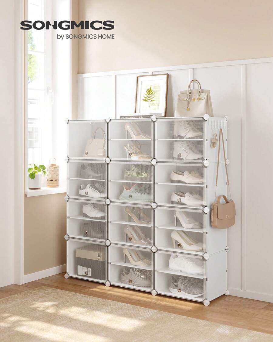 SONGMICS Mueble Zapatero Plástico, 12 Compartimentos, Zapatero Modular, Estantería Modular de Plástico, 32 x 124,4 x 124,6 cm Cada Cubo, con Puerta, Marco Acero, Panele Plástico, Blanco - Blanco - Ver 1
