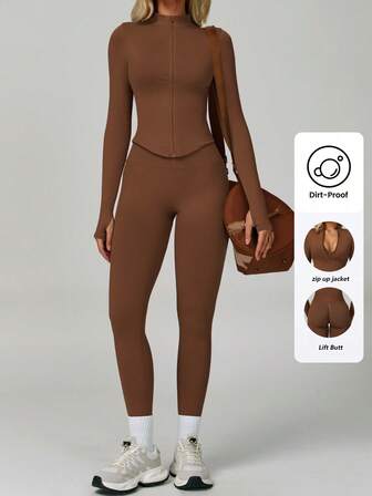 Yefecy 女士腹部塑形套装，前拉链塑身夹克，带拇指孔袖子和高腰紧身裤