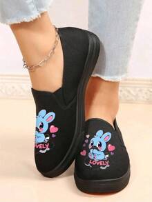 Tenis casuales para mujer tipo slip-on con estampado tierno, punta redonda, suela plana, estilo cute para uso diario