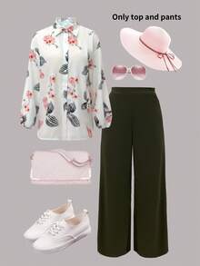 2pcs Women Ink Painting Print Long Sleeve Shirt + High Waist Straight Leg Pants Set, Casual Outfit For Spring, Autumn & Winter - Multicolor - View 4