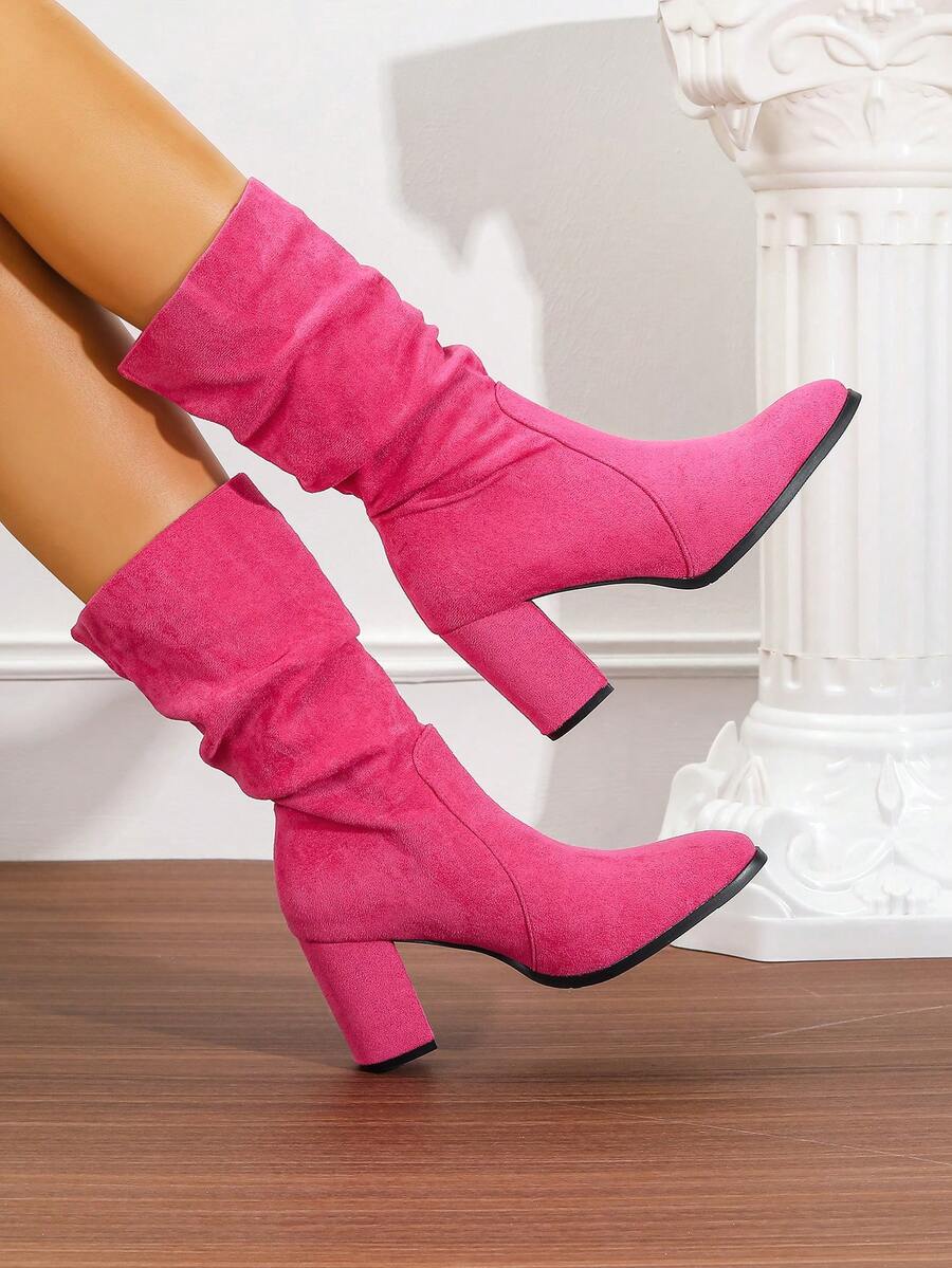 Chunky Heel Slouchy Boots Round Toe Suede Slim Tall Boots For Women, New Autumn/Winter Mid-Calf Riding Boots, Fur Trim, Pink - Watermelon Pink - View 1