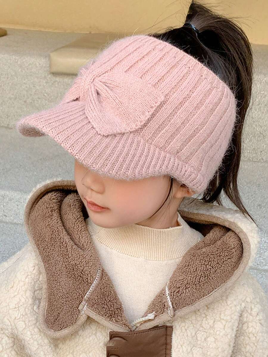 1 件女童秋冬可爱蝴蝶结针织帽,百搭保暖厚针织帽,适合幼儿,适合运动和户外 - 粉色 - 查看 1
