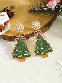 1 Pair Bohemian Style Christmas Element Earrings, Crafted With Enamel And Rhinestone In Christmas Tree Pendant Design, Suitable For Women To Wear During Holidays For Photo Shoots, Also A Great Gift