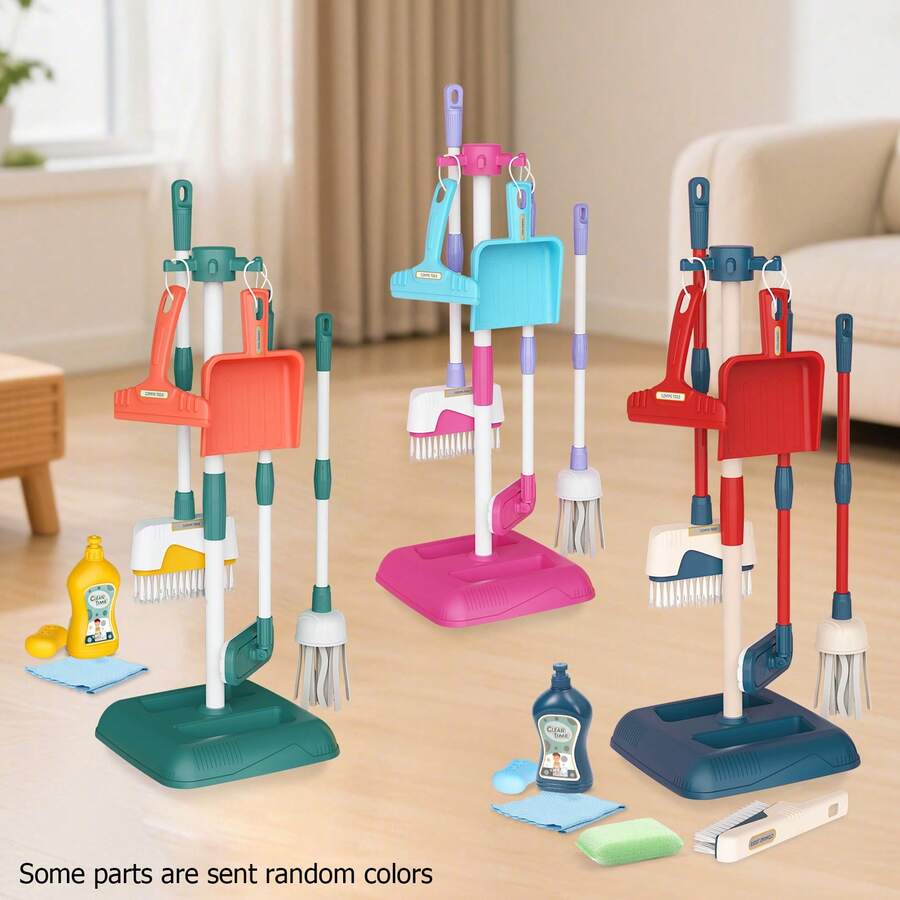 Children's Cleaning Tool Play Set Toy With Stand, Realistic Housework Simulation, Pretend Play Broom, Mop, Role Play Props Gift For Boys And Girls (Some Parts Are Sent Random Colors)