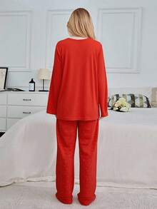 Mirano Slogan Print Short Sleeve Top & Cherry Pattern Long Pants Pajama Set - Red - View 2
