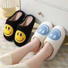 Women's Retro Cartoon Face Slippers, Thick Plush Sole & Soft Warm Lining, Cute Healing Print, Comfy Indoor-Outdoor House Shoes - 藍色 - 查看 3