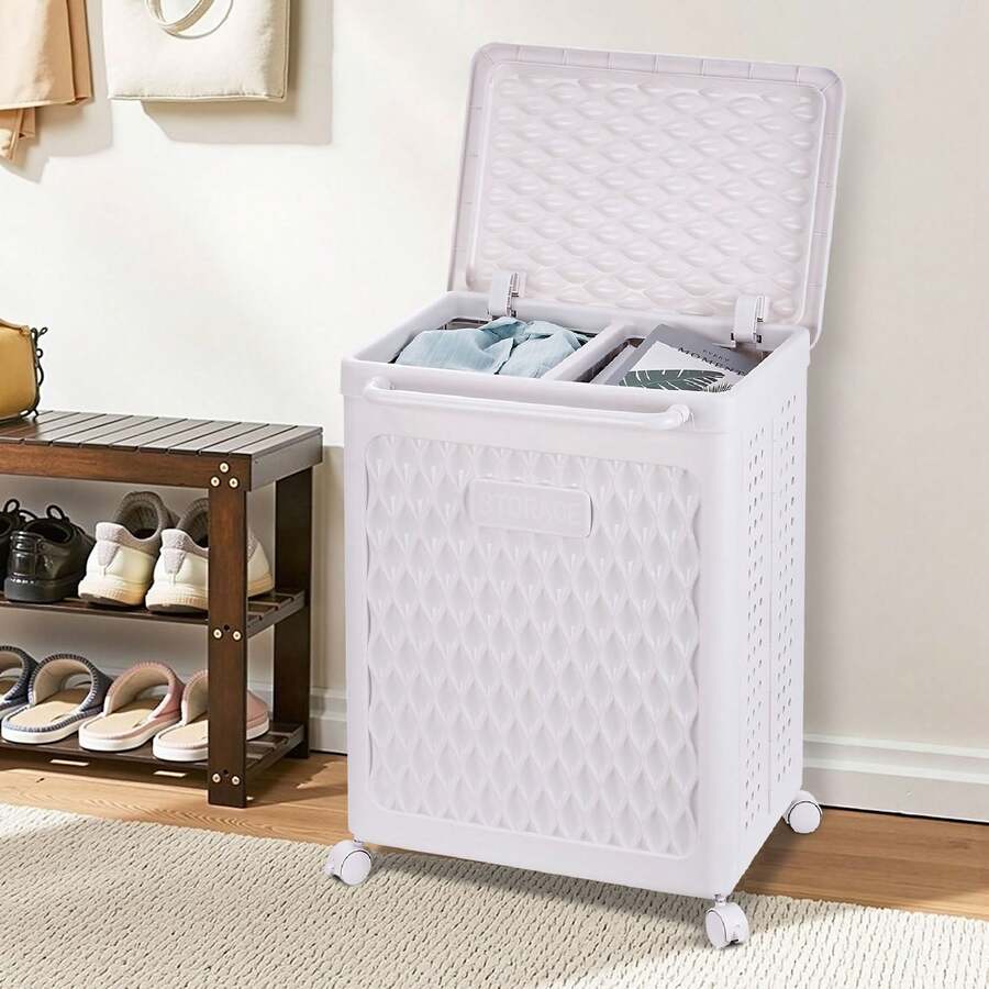 VECELO White Laundry Hamper With Wheels & Lid - 2-Section Rolling Storage Basket, Lockable Casters For Home Closet Organizer, 19x14x19 Inch - Trắng có ngăn - Xem 1