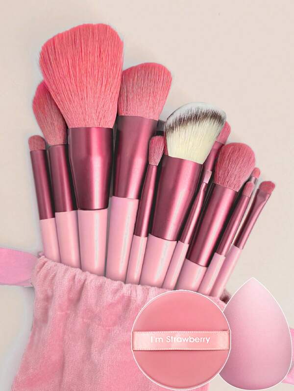 13件套化妆刷套装 + 6个粉色化妆海绵，包含眼影刷、粉底刷、BB霜刷、遮瑕刷，采用柔软纤维材质，便携旅行套装，适合度假、海滩等各种场合，是送给女性和女孩的理想礼物。套装包含：粉底刷、遮瑕刷、腮红刷、修容刷、散粉刷、粉底刷、腮红刷。赠品