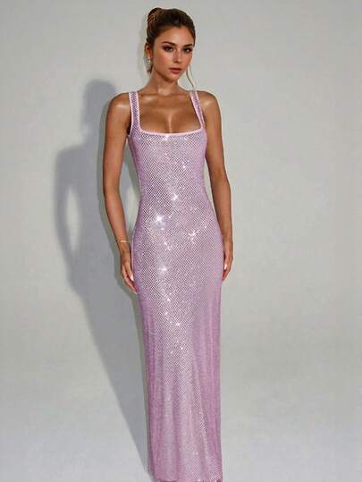 Elegant Sexy Spaghetti Strap Sequin Mesh Rhinestone Backless Dress, Showcasing Feminine Charm, Suitable For Parties, Birthdays, Graduations And Other Occasions