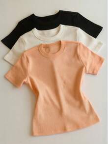 3 Piece Kit Women's Short Sleeve T-Shirt Blouse Plain Ribbed Fabric Cotton Long Basic - 黑色+米色+米色 - 查看 1