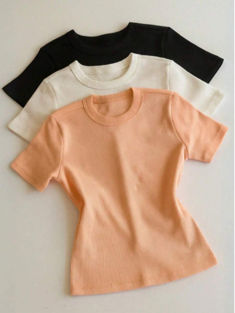 3 Piece Kit Women's Short Sleeve T-Shirt Blouse Plain Ribbed Fabric Cotton Long Basic - 黑色+米色+米色 - 查看 1