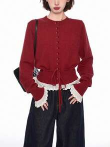 Alicedudu Damen Kontrast-Farbige Rüschen-Saum Rundhals Strickjacke, Herbst/Winter - Rot - Übersicht 3