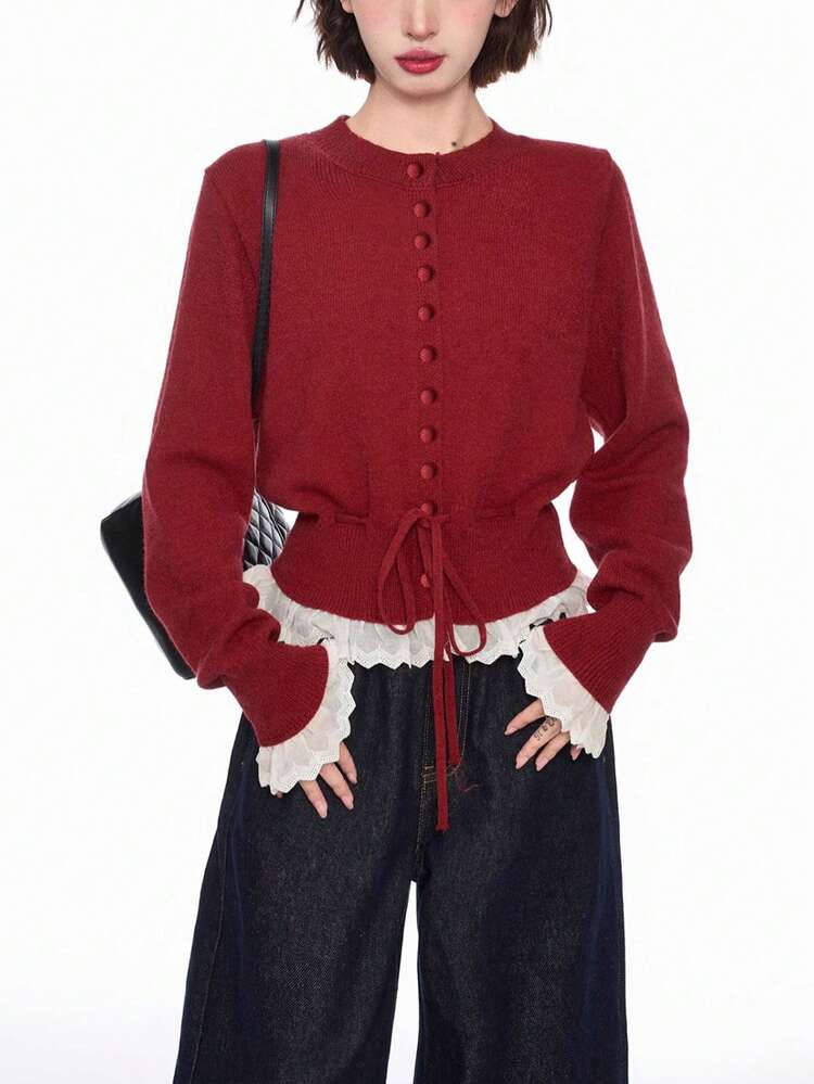 Alicedudu Áo khoác cardigan cổ tròn viền bèo nhún màu tương phản dành cho nữ, Thu/Đông - Đỏ - Xem 3