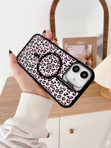 1pc Pink Leopard Print Metal Stand Phone Case, Compatible With Magnetic Charging, Comes With A Lens Protector And Adjustable Stand, Suitable For IPhone 16 Pro Max Phone Case/16E/15/14/13/12/11/Pro/Pro Max/Plus Phone Case - 黑色FS8221 - 查看 3