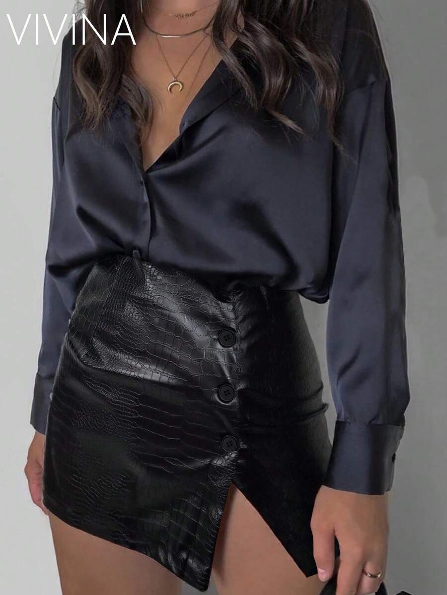 VIVINA Women's Fashion Street Crocodile Print Button Front Skirt, Minimalist For School, Outdoor, Airport, Casual Street, Beach, Holiday, Music Festival, Date, Halloween