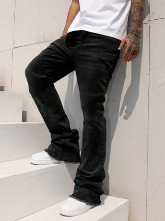 leev 弹力紧身牛仔裤，斜口袋休闲街头时尚牛仔裤，时尚图案棉质喇叭裤