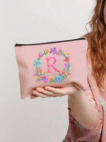Necessaire Personalizada com Letra em Inglês, Necessaire de Maquiagem Floral em Aquarela na Moda, Necessaire de Cosméticos com Zíper Minimalista, Necessaire de Viagem com Zíper para Artigos de Toalete, Bolsa de Armazenamento para Esmalte de Unha, Bolsa Porta-Pincéis de Maquiagem (Conjunto de Presente), Necessaire de Cosméticos/Porta-Moedas